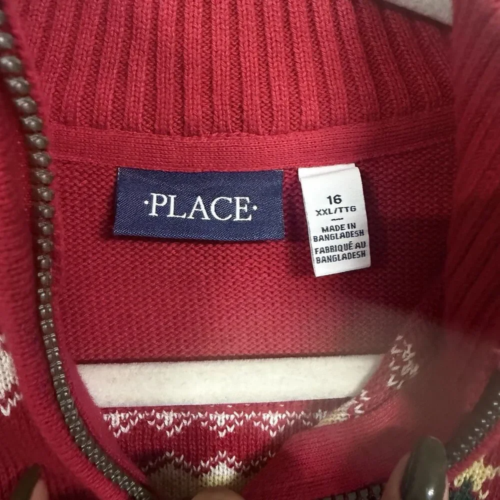The Childrens Place Boys Sz 16 XXL Half Zip Red Fairaisle Christmas Sweater